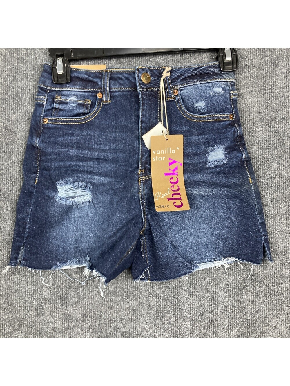 Vanilla Star W24/0 Distressed Super High Rise Dark Wash Denim Jean Shorts NWT